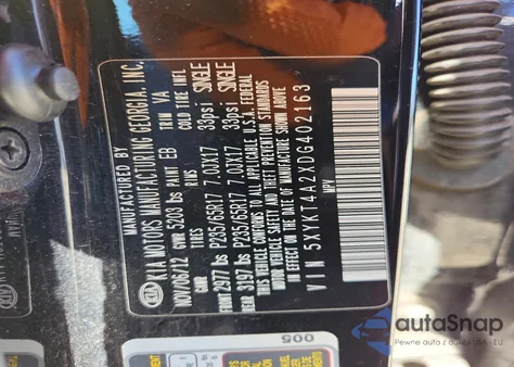 2013 Kia Sorento Lx z USA, uszkodzony, nr VIN 5XYKT4A2XDG402163